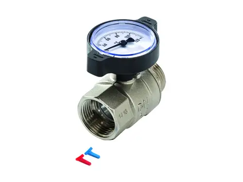 TECE Kugelhahn mit integriertem Thermometer und zwei Farbclips (rot und blau) zur Temperaturanzeige, montierbar an Rohrleitungen.